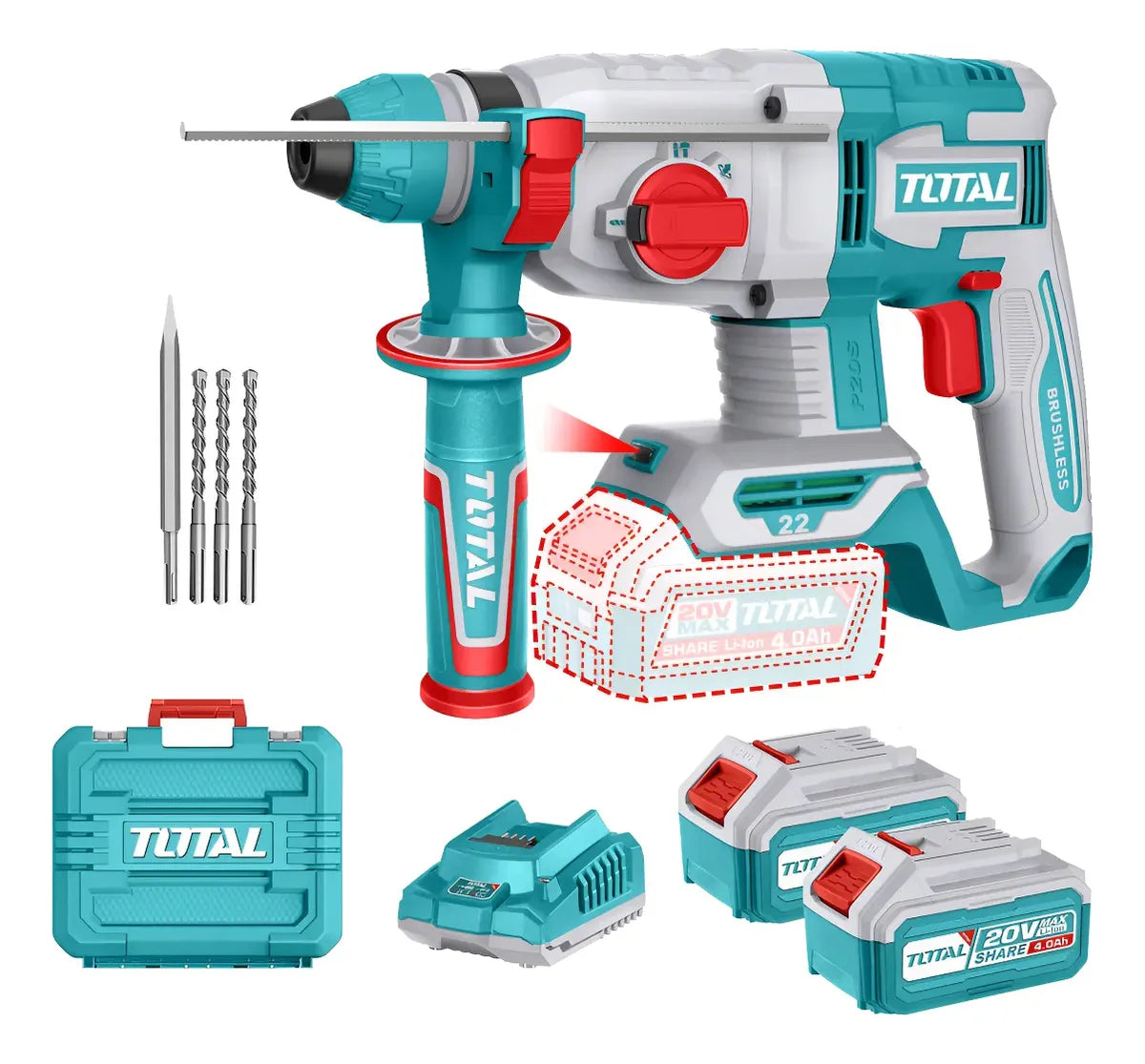 Rotomartillo TOTAL Original SDS Plus 42V Brushless (2.5J) – Kit Completo + 1 Año de Garantía 🧰
