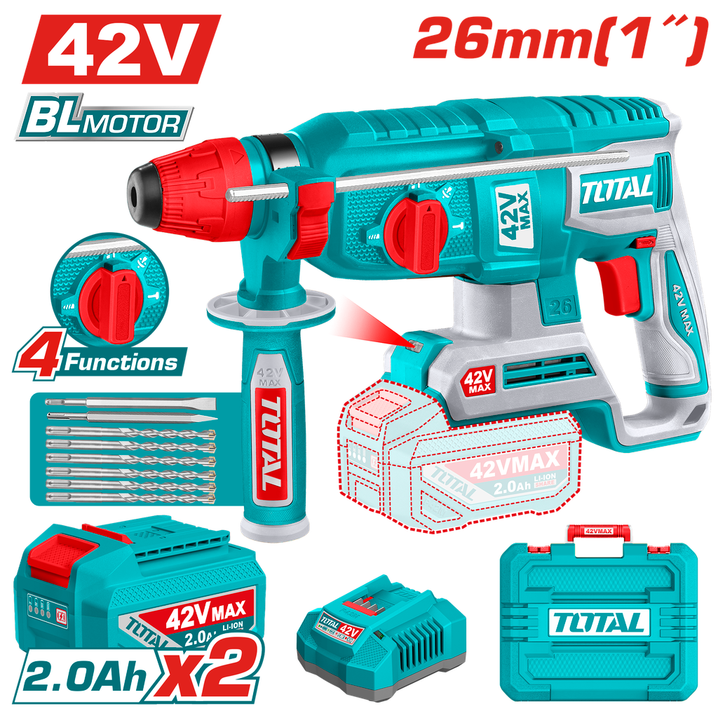 Rotomartillo TOTAL Original SDS Plus 42V Brushless (2.5J) – Kit Completo + 1 Año de Garantía 🧰