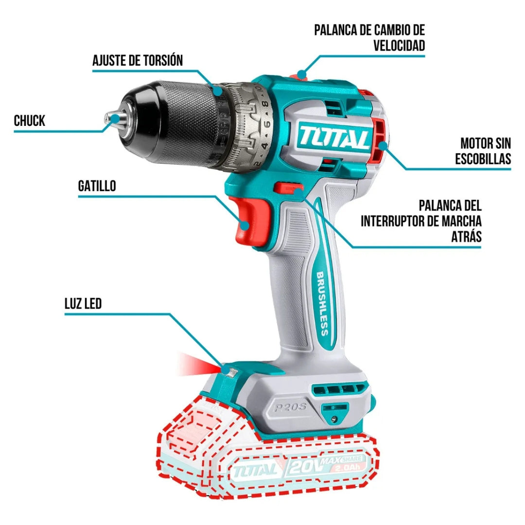 COMBO Inalámbrico TOTAL – Pulidora 1000W + Taladro 66Nm 20V 2 BATERIAS - 100% Original