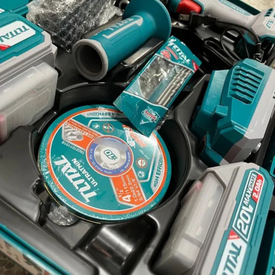 COMBO Inalámbrico TOTAL – Pulidora 1000W + Taladro 66Nm 20V 2 BATERIAS - 100% Original