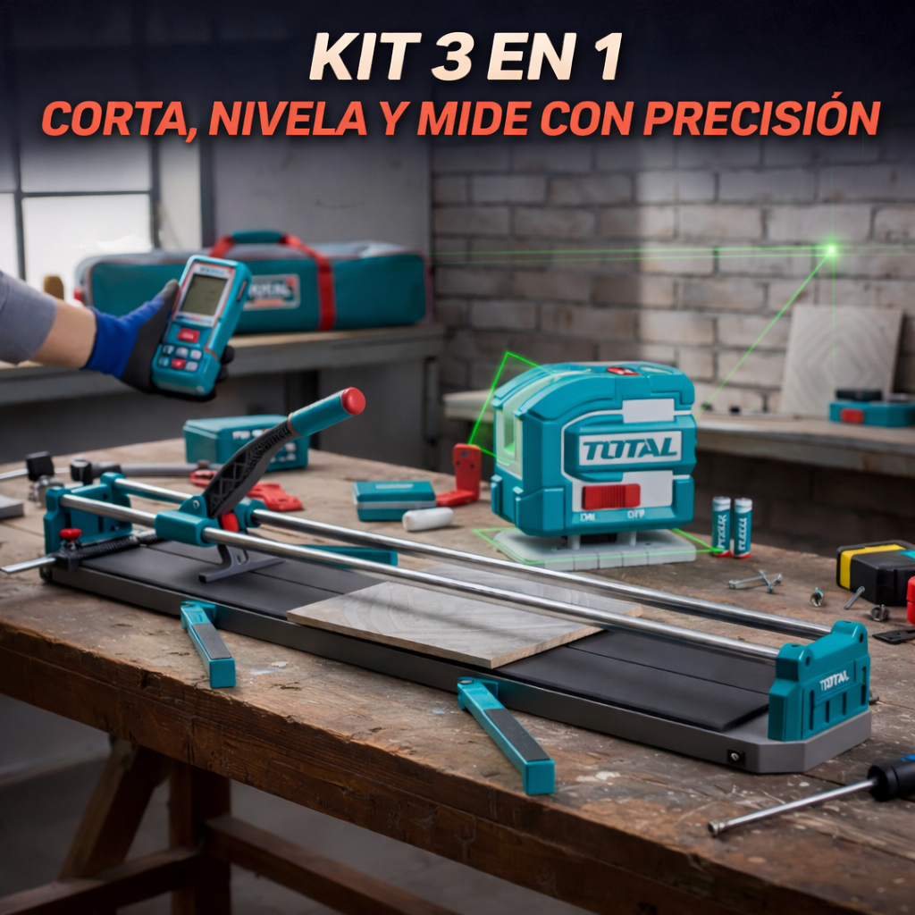 🧰 KIT PROFESIONAL CORTABALDOSA 1200 MM + NIVEL LÁSER 3D + MEDIDOR LÁSER 100M SUPER TOTAL