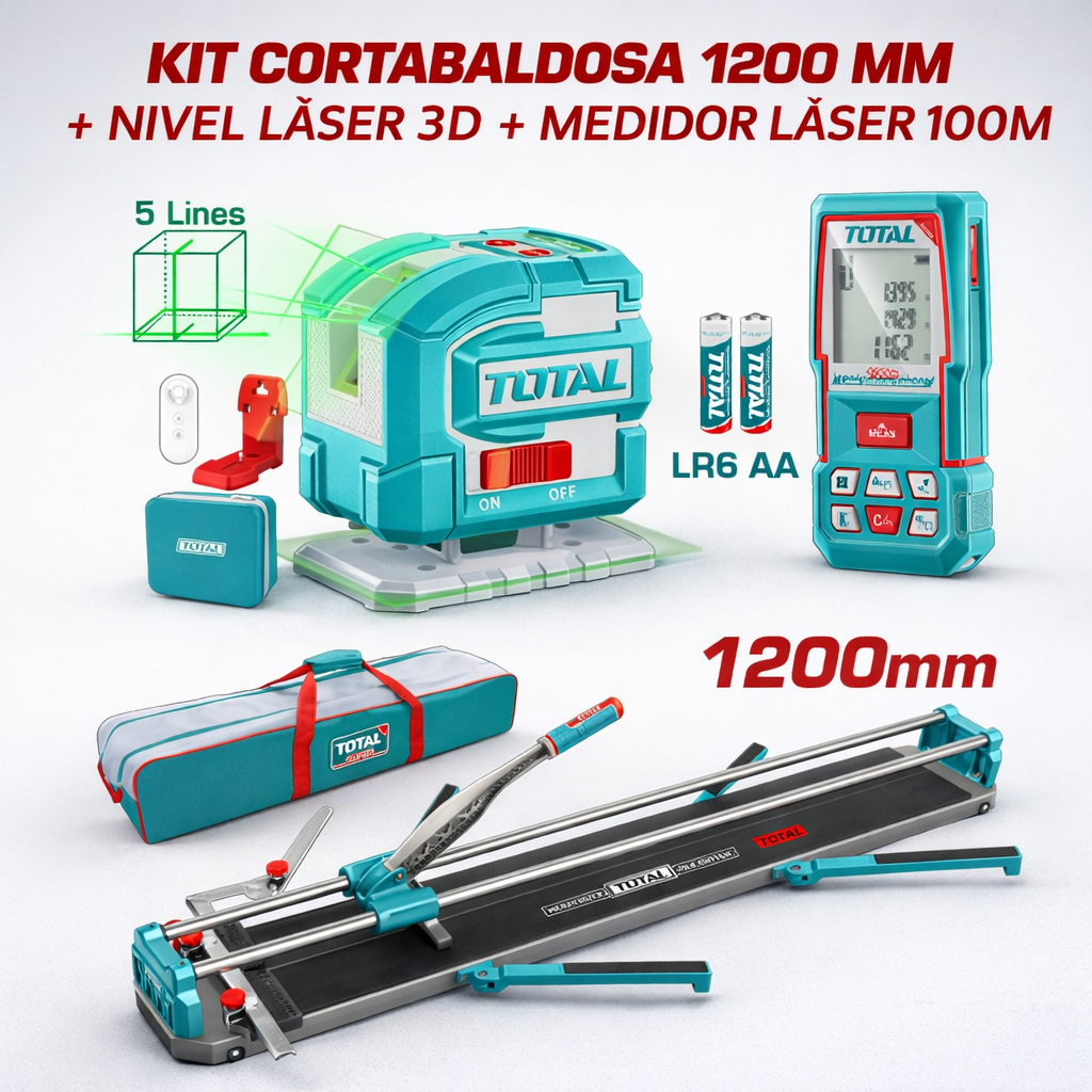 🧰 KIT PROFESIONAL CORTABALDOSA 1200 MM + NIVEL LÁSER 3D + MEDIDOR LÁSER 100M SUPER TOTAL