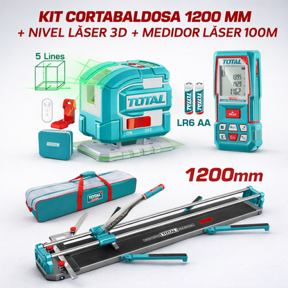 🧰 KIT PROFESIONAL CORTABALDOSA 1200 MM + NIVEL LÁSER 3D + MEDIDOR LÁSER 100M SUPER TOTAL