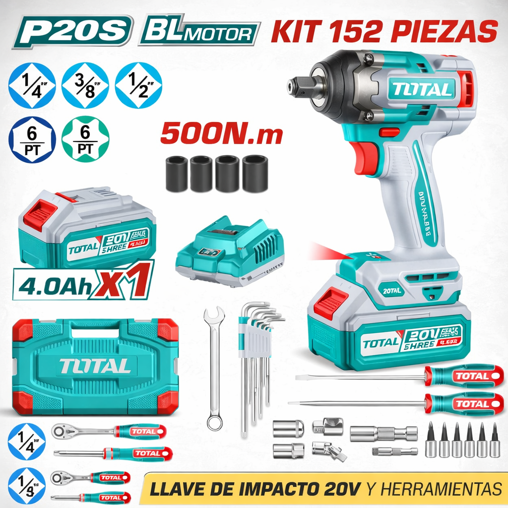 🔧⚡ PISTOLA DE IMPACTO INALÁMBRICA TOTAL 20V 500Nm + KIT 152 PIEZAS ⚡🔧