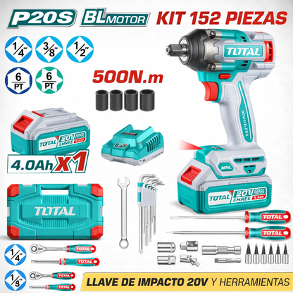 🔧⚡ PISTOLA DE IMPACTO INALÁMBRICA TOTAL 20V 500Nm + KIT 152 PIEZAS ⚡🔧
