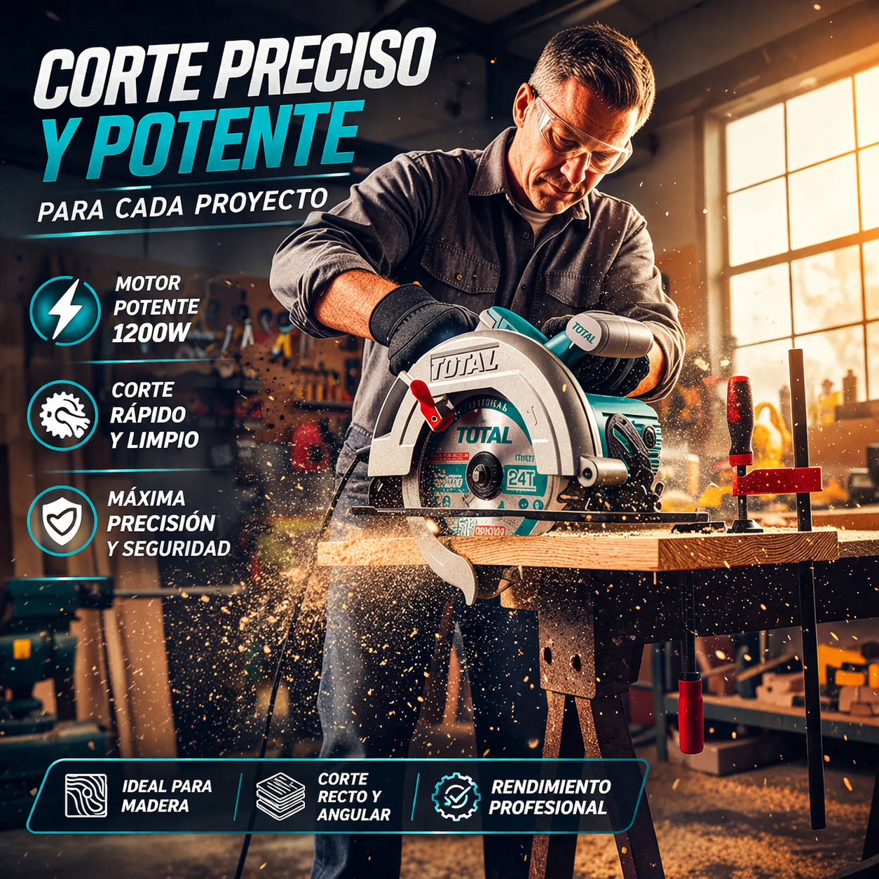 SIERRA CIRCULAR TOTAL 7 1/4” 1200W – CORTE PROFESIONAL SIN ESFUERZO - 1 AÑO DE GARANTIA