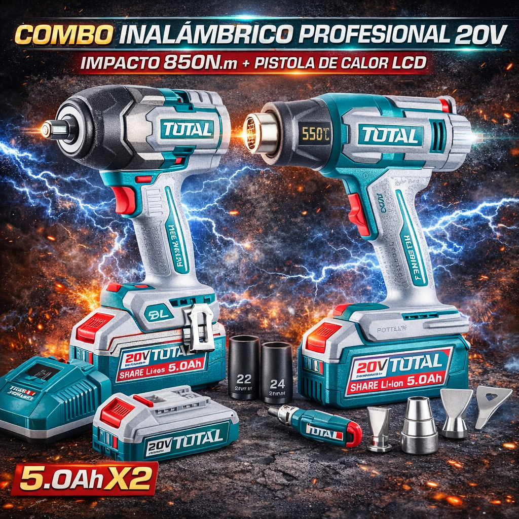 🔧 COMBO INALÁMBRICO TOTAL 20V IMPACTO 850Nm + PISTOLA DE CALOR LCD