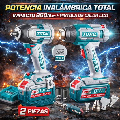 🔧 COMBO INALÁMBRICO TOTAL 20V IMPACTO 850Nm + PISTOLA DE CALOR LCD
