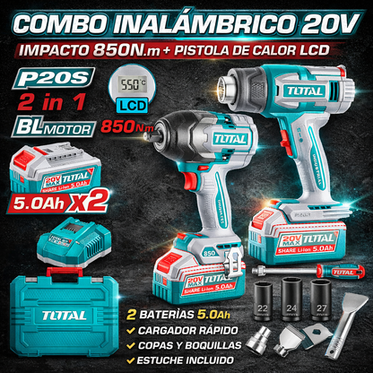 🔧 COMBO INALÁMBRICO TOTAL 20V IMPACTO 850Nm + PISTOLA DE CALOR LCD
