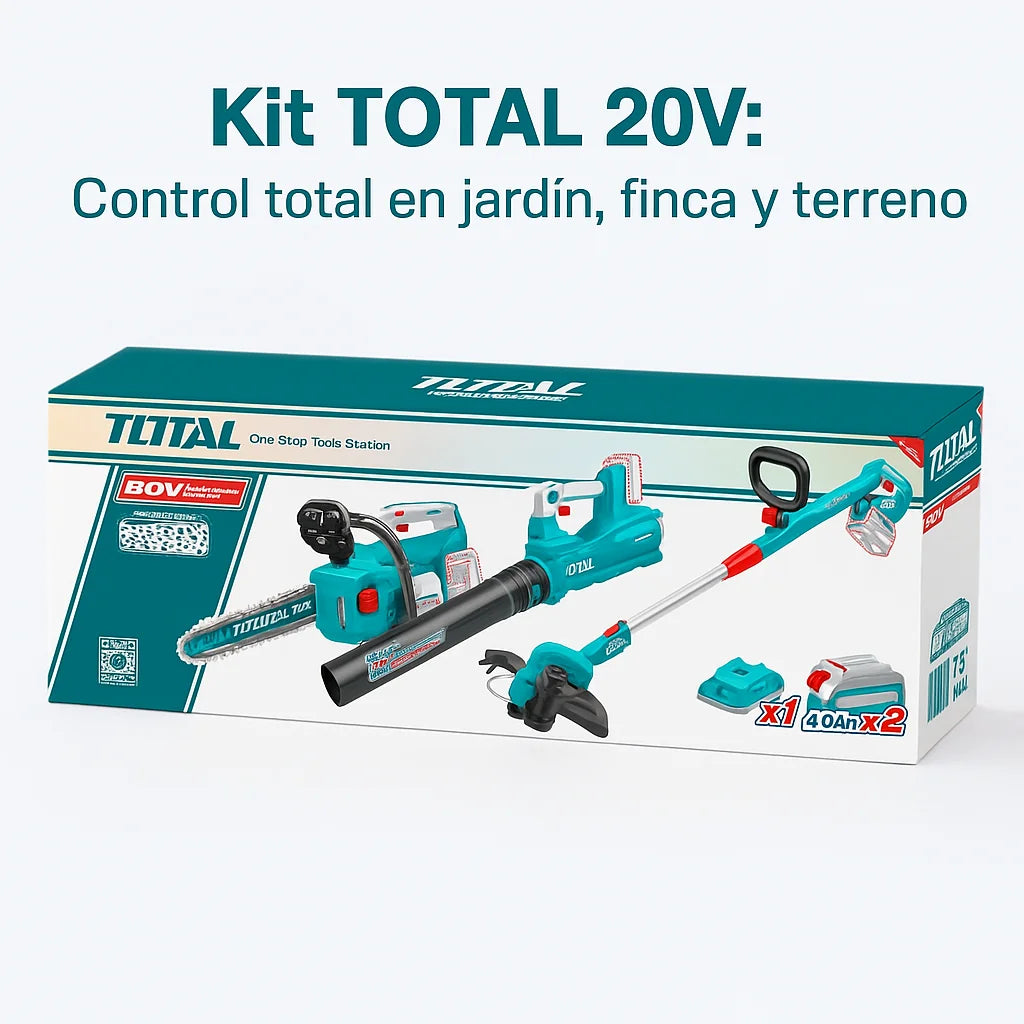 Combo Inalámbrico TOTAL 20V Brushless 3 en 1 — Motosierra 12" + Guadañadora + Sopladora + 2 Baterías 4.0Ah