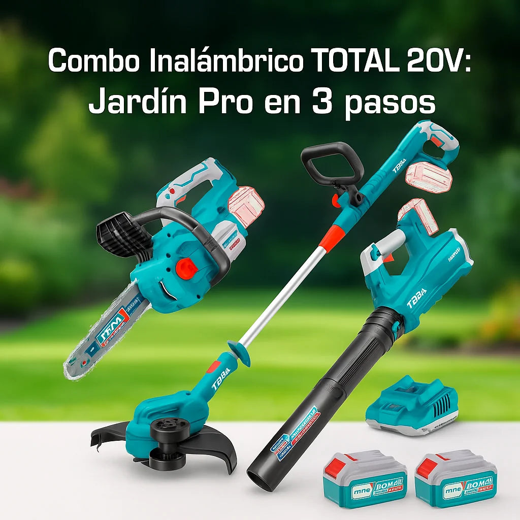 Combo Inalámbrico TOTAL 20V Brushless 3 en 1 — Motosierra 12" + Guadañadora + Sopladora + 2 Baterías 4.0Ah