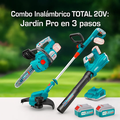 Combo Inalámbrico TOTAL 20V Brushless 3 en 1 — Motosierra 12" + Guadañadora + Sopladora + 2 Baterías 4.0Ah