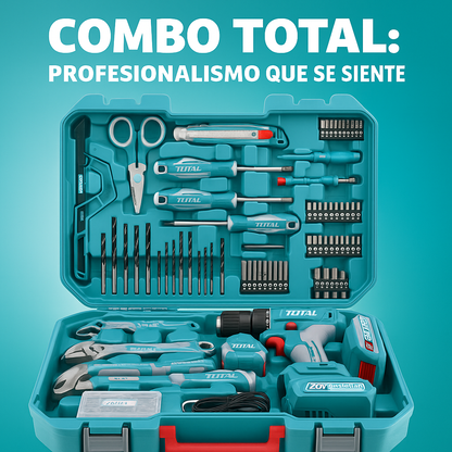 Taladro Inalámbrico TOTAL 20V + Kit de Herramientas de 165 Piezas – Potencia, Versatilidad y Funcionalidad Total