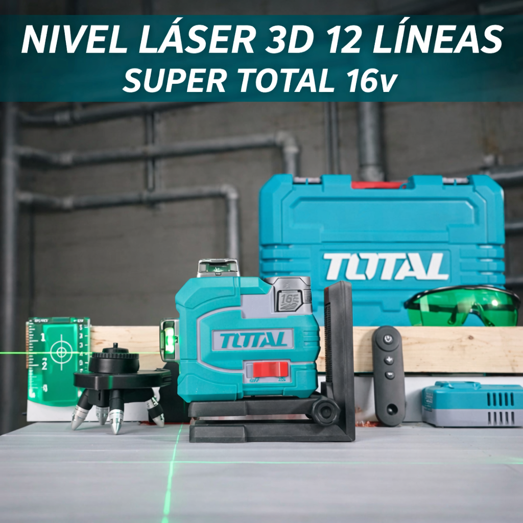 🔥 NIVEL LÁSER 3D 12 LÍNEAS SUPER TOTAL 16V – PRECISIÓN PROFESIONAL 🔥