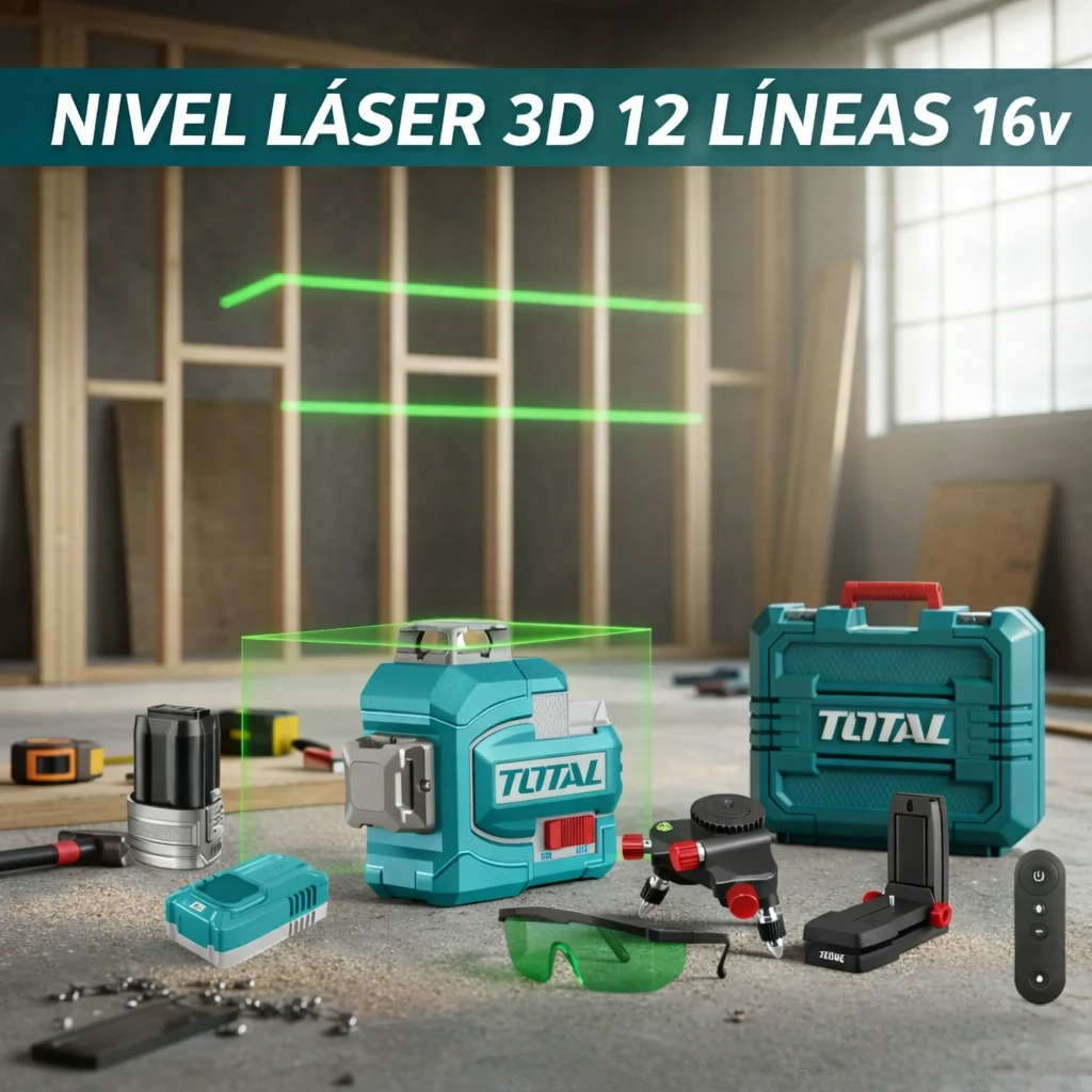 🔥 NIVEL LÁSER 3D 12 LÍNEAS SUPER TOTAL 16V – PRECISIÓN PROFESIONAL 🔥