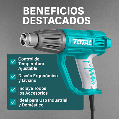 Pistola de Calor TOTAL 1600W – Control de Temperatura + 3 Boquillas y Rascador (UTB16045)