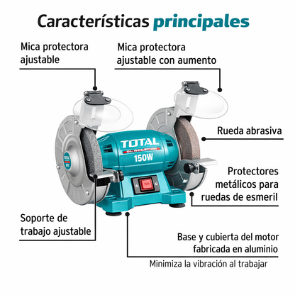 Esmeril de Banco TOTAL 6” 150W (UTBG15015) – 3450 RPM – 1 Año de Garantía