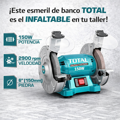 Esmeril de Banco TOTAL 6” 150W (UTBG15015) – 3450 RPM – 1 Año de Garantía
