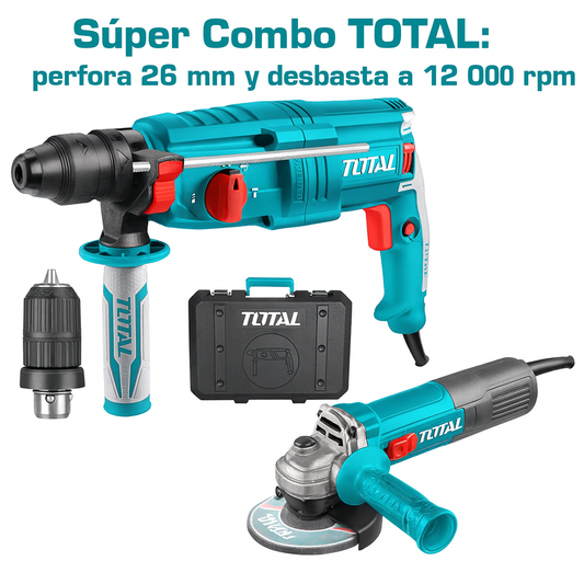 Súper Combo TOTAL: Rotomartillo SDS Plus 800W + Esmeriladora 4½' 710W
