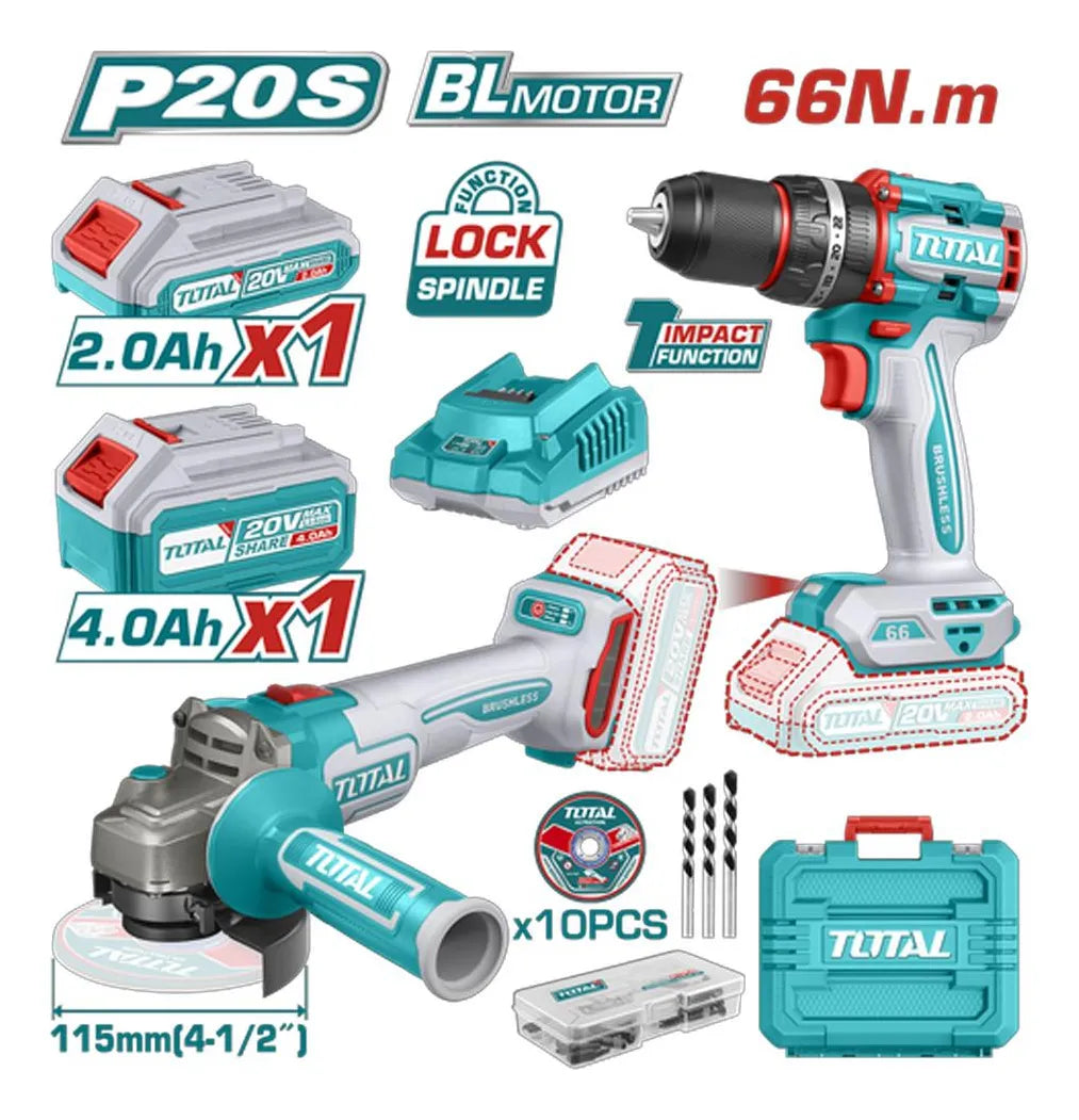 COMBO Inalámbrico TOTAL – Pulidora 1000W + Taladro 66Nm 20V 2 BATERIAS - 100% Original