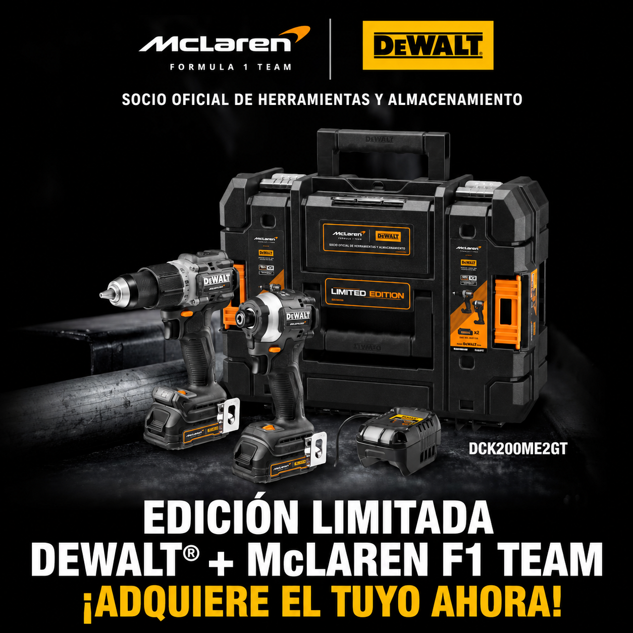 Combo DeWalt / McLaren 20V — Parafusadora + Llave de Impacto + Batería + Cargador + Maleta